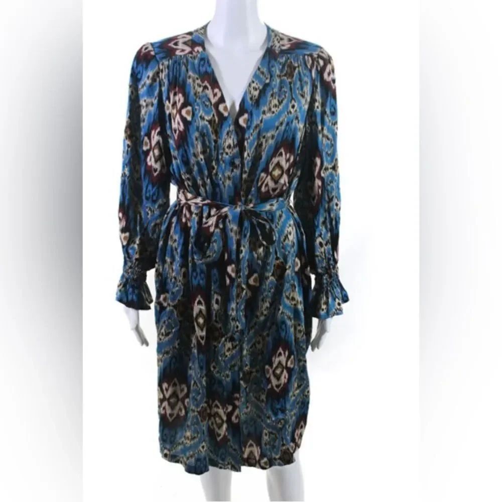 New Finley V-Neck Abstract Print Button-Up Knee Length Dress Blue Size XXS